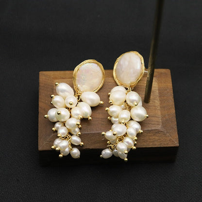 Natural Pearl Wrapped Grape Earrings Vintage Beaded Silver Needle