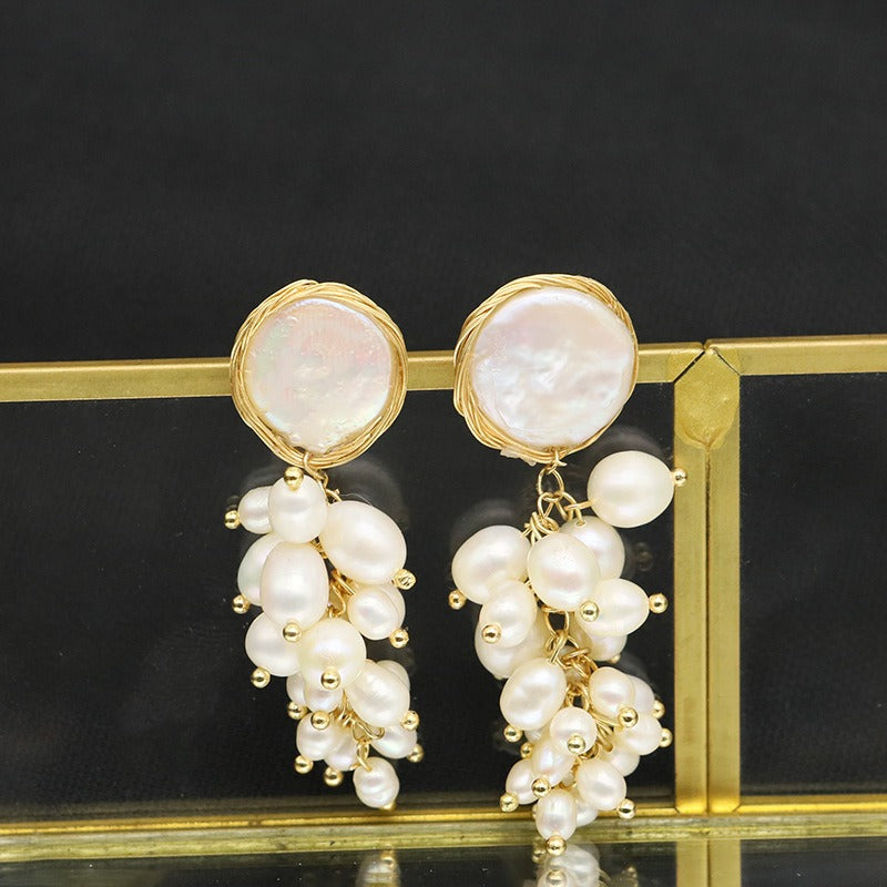 Natural Pearl Wrapped Grape Earrings Vintage Beaded Silver Needle
