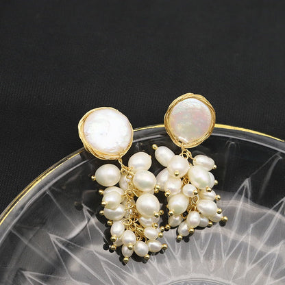 Natural Pearl Wrapped Grape Earrings Vintage Beaded Silver Needle