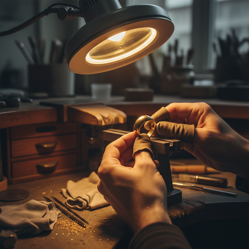Jeweler polishing gold ring