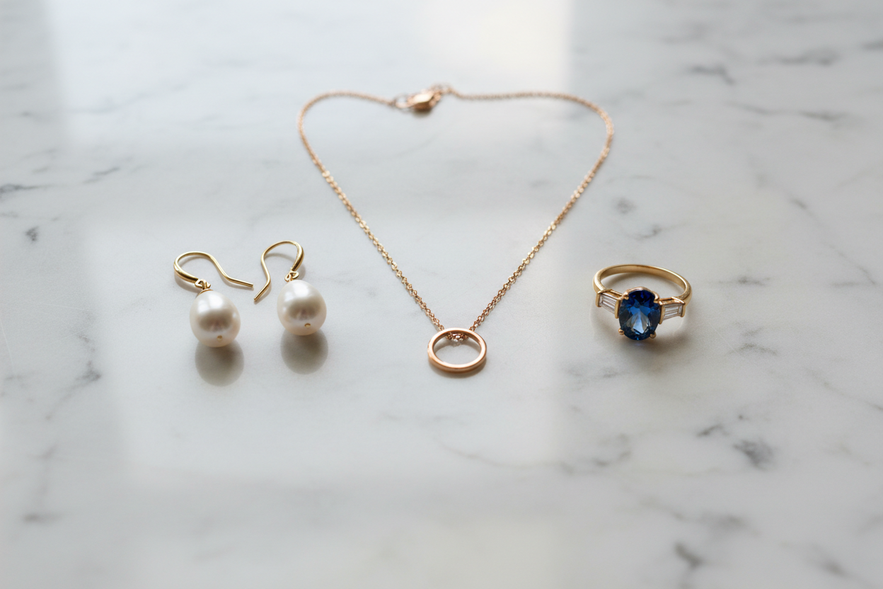 Jewelry flat lay on marble