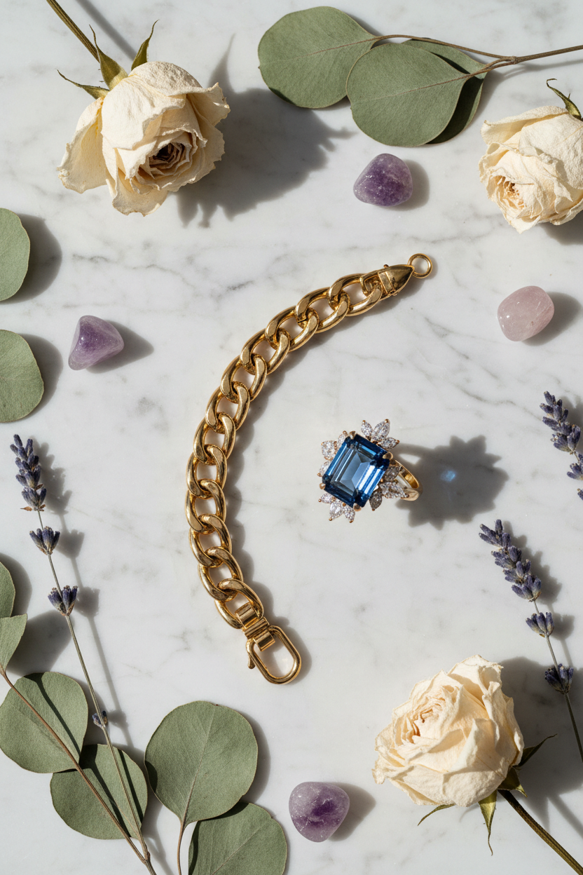 Jewelry flat lay with flowers