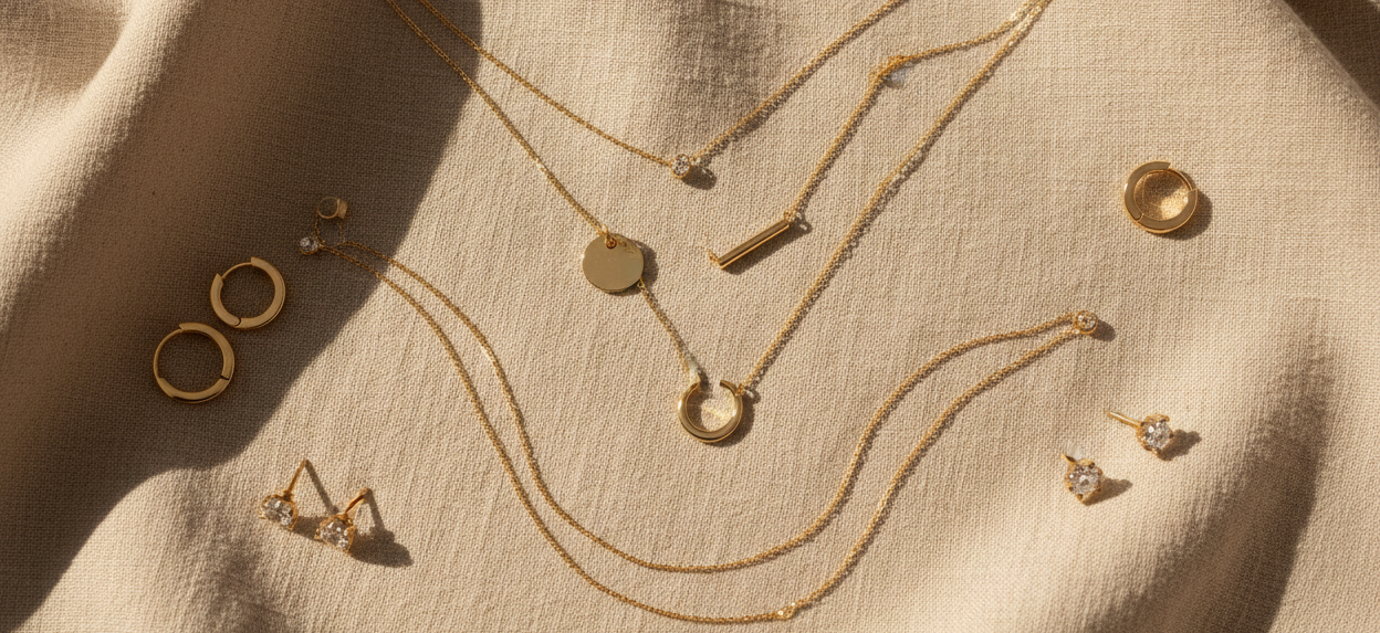Minimalist gold jewelry on linen
