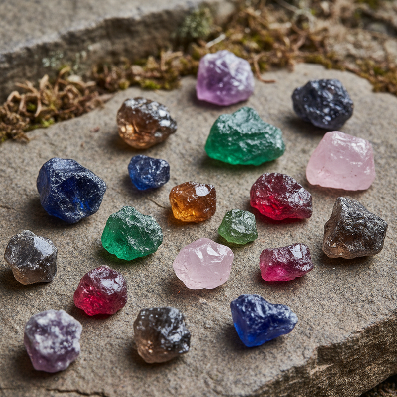 Raw gemstones on stone surface