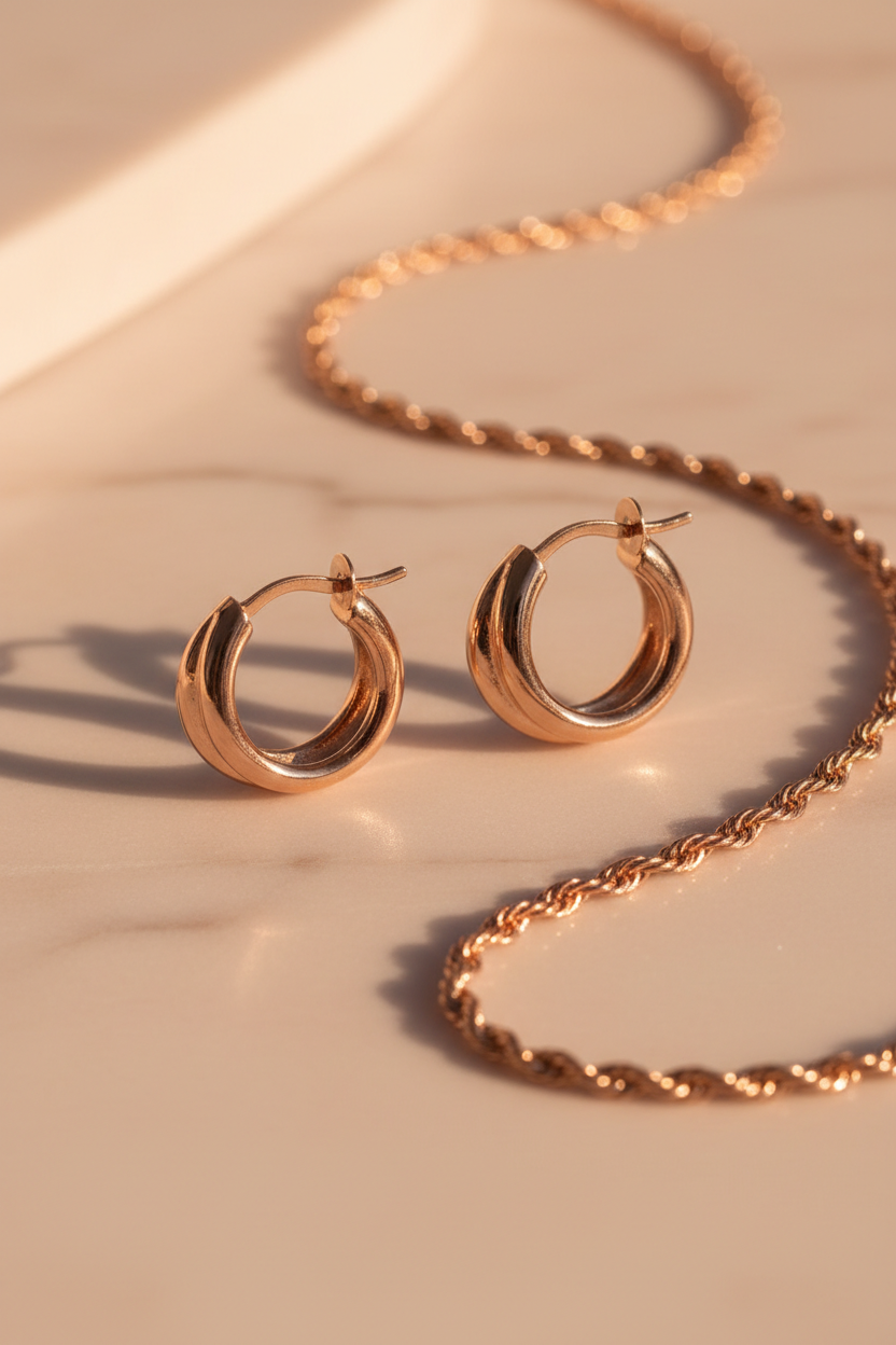 Rose gold jewelry on pink marble